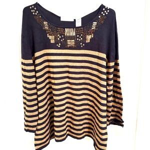 Alfred Dunner Black and Gold Striped Long Sleeve Top